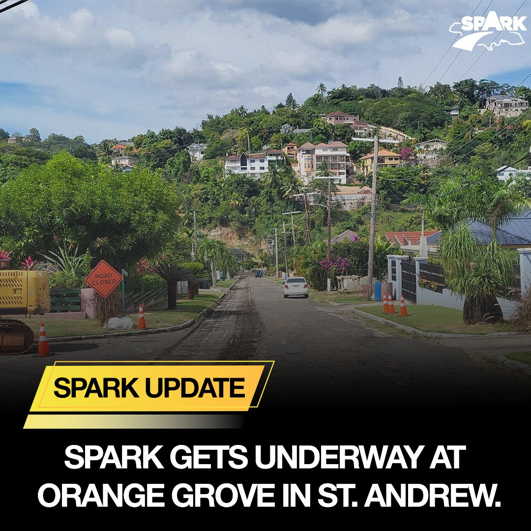 AskSparkjamaica's tweet photo. Residents of Orange Grove in St Andrew can expect commuting delays as work has commenced to rehabilitate roads within their community. Road signs and heavy duty equipment are on site as work crews prepare to effect repairs. #SparkJA