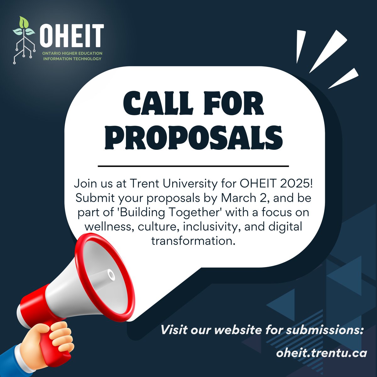 Trent_IT's tweet photo. Whether you’re a seasoned presenter or considering your first conference submission, OHEIT 2025 is your platform to share.

Submission Deadline: March 2, 202511:59 PMET

Submit through our website: https://t.co/Lxrg9rzPJi https://t.co/MVHvdGAimd