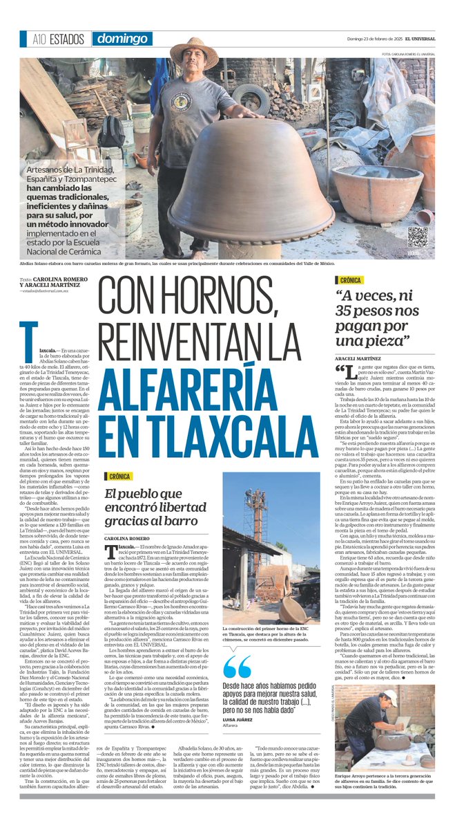 Compartimos este trabajo publicado #hoy en El Universal, una mirada a la labor de la ENC en Tlaxcala, adonde hemos llevado nuestros hornos de leña —de la mano de Tajín, la Fundación Diez Morodo y Conahcyt— para beneficiar a los alfareros locales  

--> bit.ly/4hQBHQH