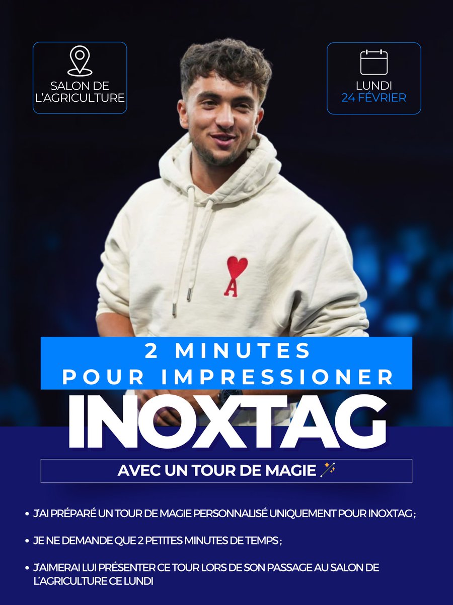 Matt & 0 (@levraimatteo) on Twitter photo J’ai besoin de votre aide ! 🙏
J’aimerai présenter un tour de magie unique et personnalisé que j’ai préparé uniquement pour <a href="/Inoxtag/">Inoxtag ⚡️</a> lors de son passage au salon de l’agriculture demain 🪄
Toute interaction avec ce tweet (❤️, RT, mentions <a href="/Inoxtag/">Inoxtag ⚡️</a>) sont grandement appréciées ! J’ai besoin de votre aide ! 🙏
J’aimerai présenter un tour de magie unique et personnalisé que j’ai préparé uniquement pour <a href="/Inoxtag/">Inoxtag ⚡️</a> lors de son passage au salon de l’agriculture demain 🪄
Toute interaction avec ce tweet (❤️, RT, mentions <a href="/Inoxtag/">Inoxtag ⚡️</a>) sont grandement appréciées !
