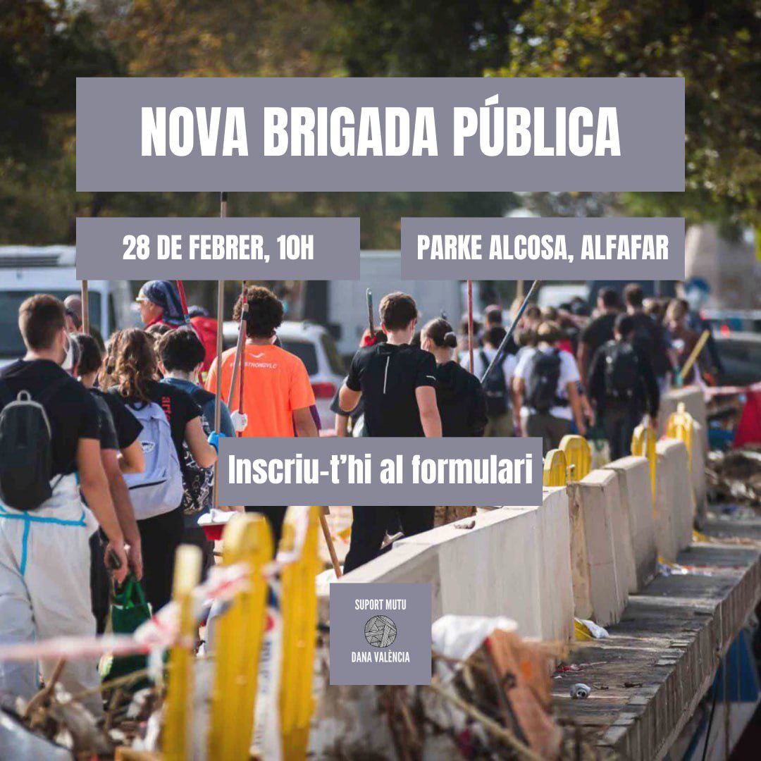 NOVA BRIGADA PÚBLICA | Divendres 28 a Parke Alcosa, Alfafar.

✊🏽 Organitzem una nova brigada pública per a continuar ajudant en les tasques de reconstrucció de les zones afectades per la DANA.

➡️ Hi serem de 10 a 14h a Parke Alcosa, Alfafar. 

❗️Cal inscriure's a la brigada! 👇🏾