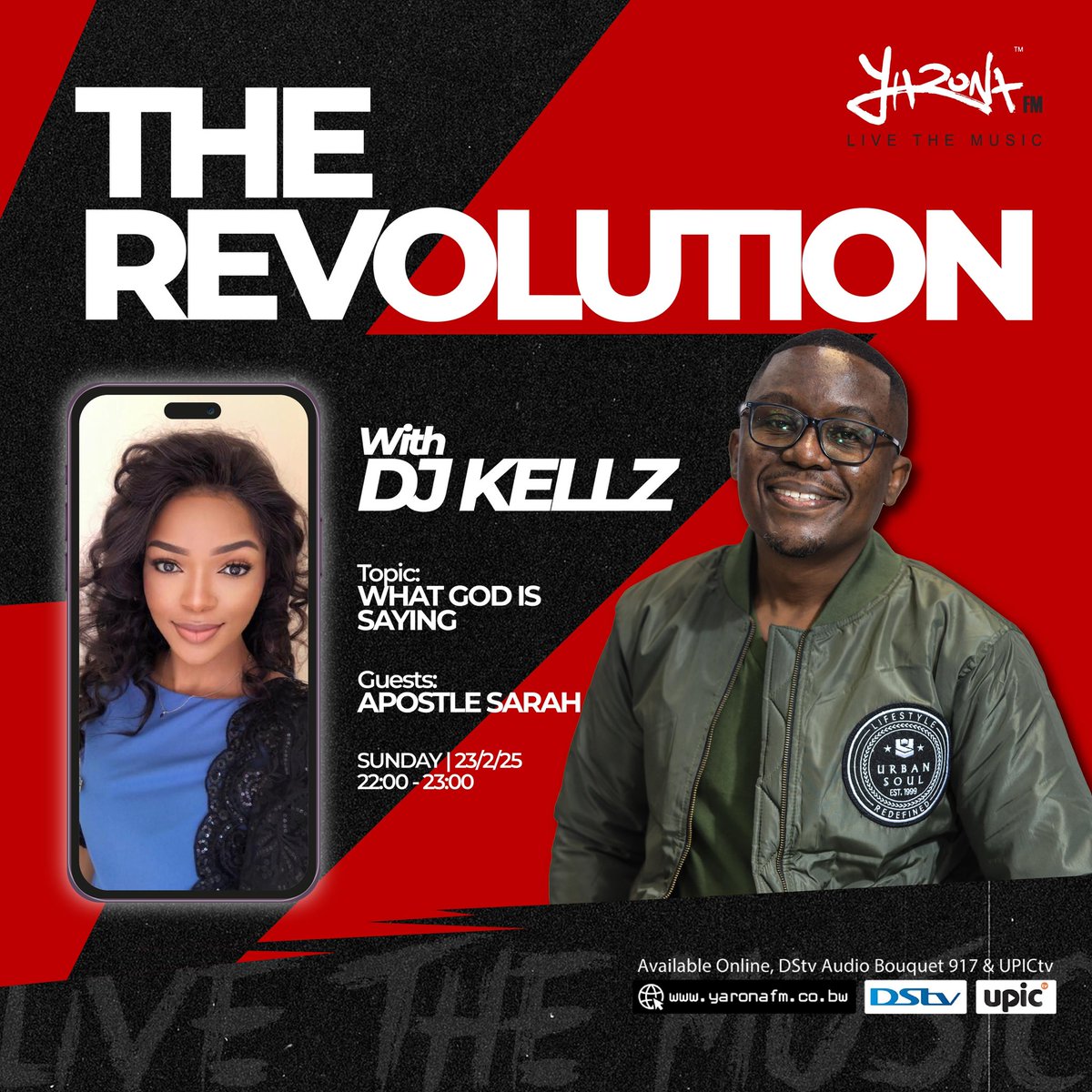 yaronafm's tweet image. Tonight DJ Kellz sits down with Apostle Sarah to discuss “What God is Saying.” Don’t miss this powerful conversation!

📻 Catch it live on Yarona FM | DStv Audio Bouquet 917 | UPICtv
🌍 Stream online: yaronafm.co.bw

#TheRevolution #DJKellz #YaronaFM #LiveTheMusic