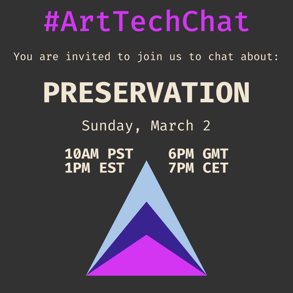 ArtTechChat's tweet image. Thanks, pals! That&apos;s it for today.

Next week&apos;s topic is: Preservation.

Follow #ArtTechChat and #ArtTechChatDaily for more during the week.