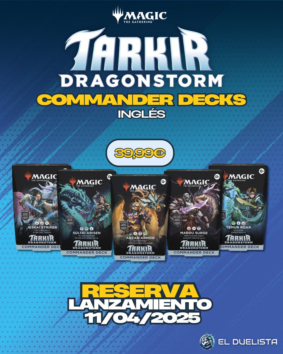 🔥 ¡Reserva Tarkir: Dragonstorm! 🐉✨

La nueva expansión de Magic: The Gathering ya está en preventa en El Duelista. ¡No te quedes sin tus sobres, bundle o mazos de Commander! 🃏🔥

🛒 Reserva ya: elduelista.com/collections/ta…

#MTGTarkir #MagicTheGathering #ElDuelista #TCG