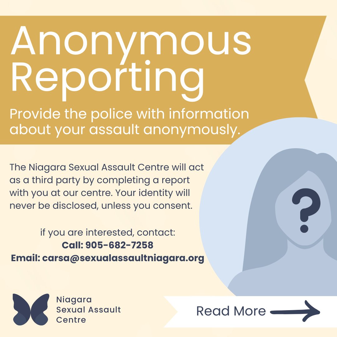 NIAGARA_SAC's tweet image. Your story. Your choice. 💛
Anonymous Third Party Reporting (ATPR) lets survivors (16+) report their assault without revealing their identity. Reports help track offenders in ViCLAS.

📞 Call: 905-682-7258
📧 Email: carsa@sexualassaultniagara.org

#AnonymousReporting