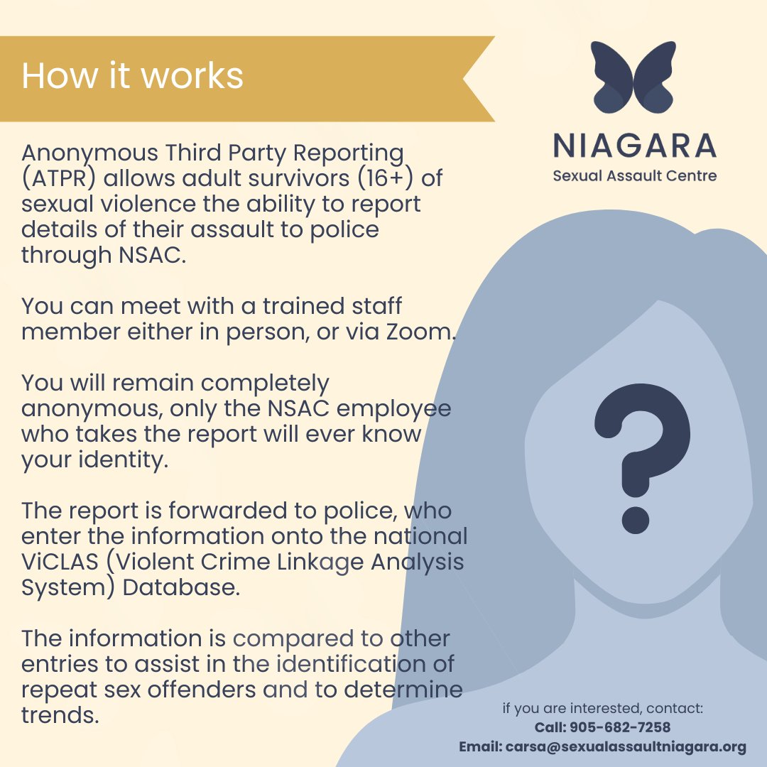 NIAGARA_SAC's tweet image. Your story. Your choice. 💛
Anonymous Third Party Reporting (ATPR) lets survivors (16+) report their assault without revealing their identity. Reports help track offenders in ViCLAS.

📞 Call: 905-682-7258
📧 Email: carsa@sexualassaultniagara.org

#AnonymousReporting