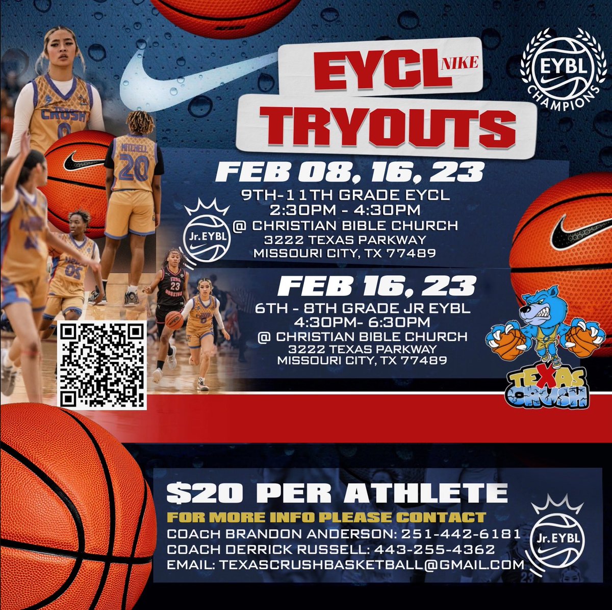 FINAL tryout for the 2025 AAU season. Opportunity’s avail on our girls 7th-11th grade teams for NIKE EYCL &amp; JR EYBL 
Sign up today!

🚨 REGISTER HERE 🚨
form.jotform.com/232277969159170

@ CHRISTIAN BIBLE CHURCH

SUNDAY 2/23
2:30PM-4:З0РМ NIKE EYCL 9TH-11TH GRADE
4:30PM-6:30PM 6TH-8TH