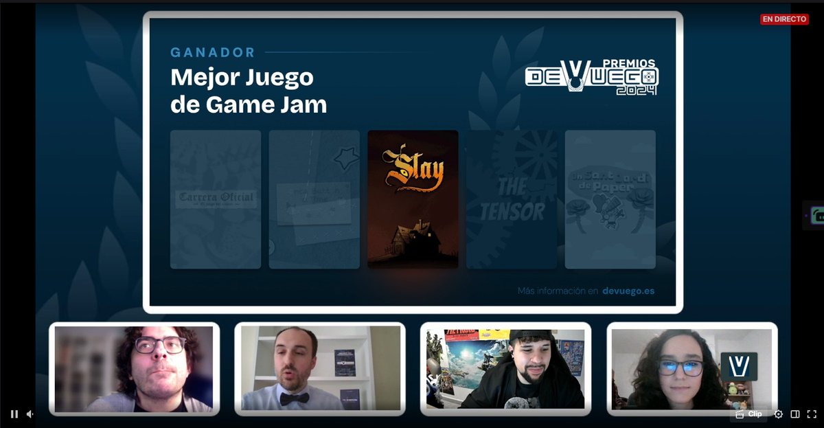 Aún no nos lo creemos, Stay ha resultado ganador como mejor juego de jam en #PremiosDevuego2024!! 🏆 Muchísimas gracias a todos, a <a href="/DeVuego/">DeVuego</a> por su trabajazo y a <a href="/game_levelup/">Level Up (Game Dev Hub)</a> por su apoyo. 
Y enhorabuena al resto de ganadores, es un orgullo estar entre tanto talento ❤️