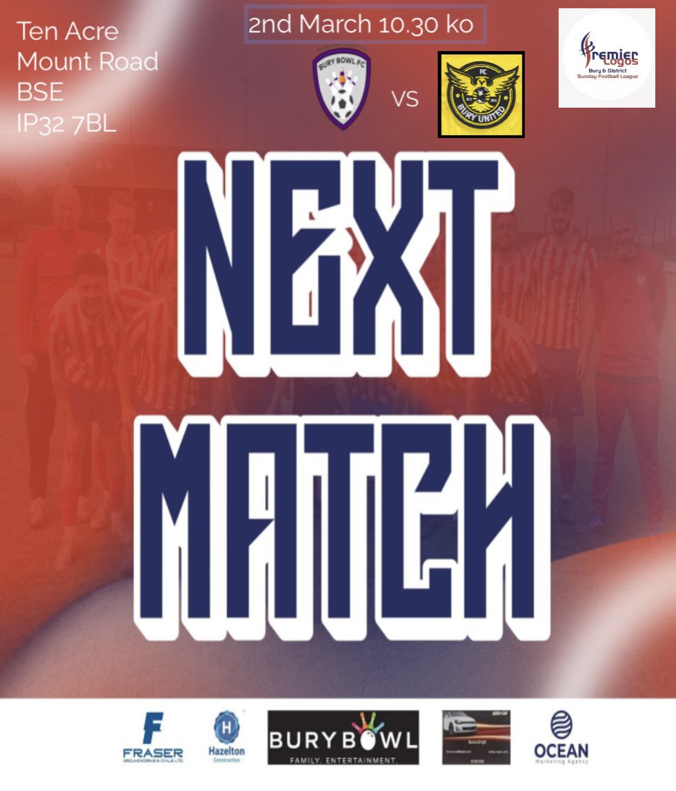 Big game next Sunday for both teams, <a href="/BuryBowlFC/">BuryBowlFC</a> host <a href="/bury_united/">Bury United FC</a> in the Culford Waste Division 2 Cup semi final
#UpTheBowl #HalaBowl 🔴⚪️🔵