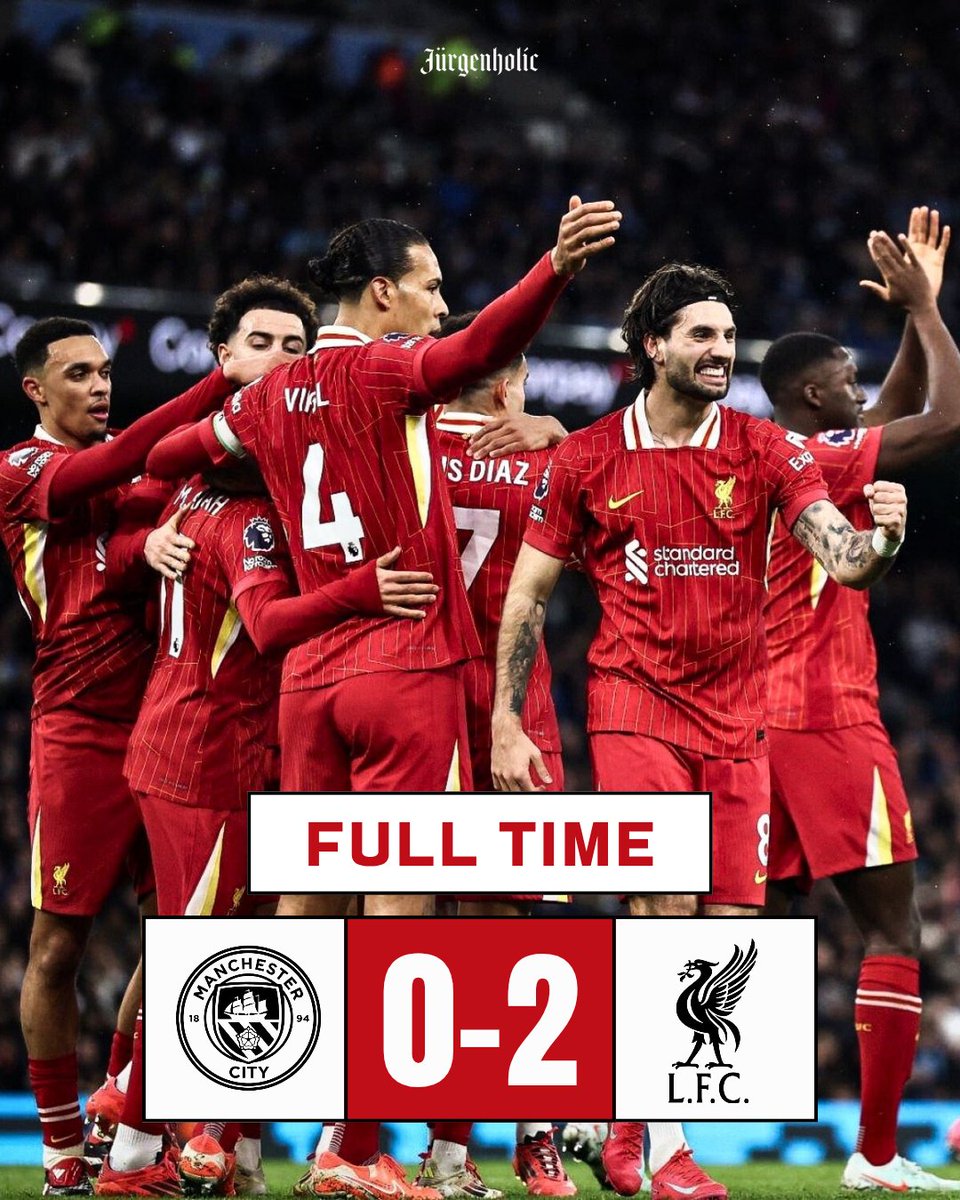 thejurgenholic's tweet photo. ⏱️ FULL TIME:
MAN CITY 0-2 LIVERPOOL

⚽ 14' Mo Salah
⚽ 38' Szoboszlai

Gap 11 poin dari Arsenal dan 2x mengalahkan City home-away 👏🏼

Komentarnya guys? 🤙🏼 https://t.co/BWCMw07VQn