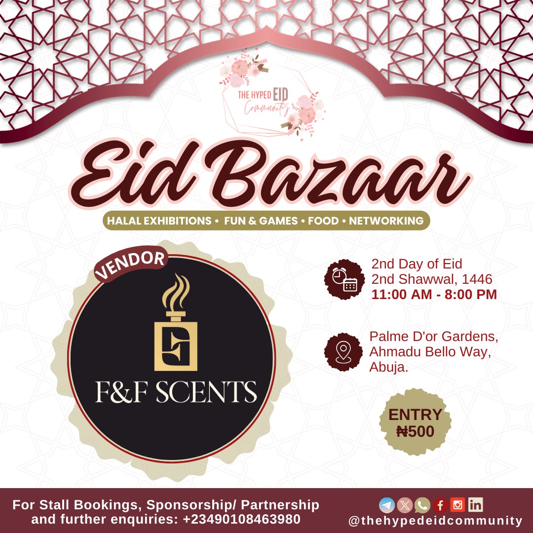 HypedEid's tweet image. @FxFScents is bringing their Turaren wuta, perfumes, Humra, perfume oils, incense burner and scented body butters/oils to #TheHECEidBazaar

Don&apos;t miss out!

#EidCelebration #EidBazaar #AbujaEvents #CommunityVibes #eid2025 #EidInAbuja #HalalFun #HypedEidFamily #HypedEidCommunity…