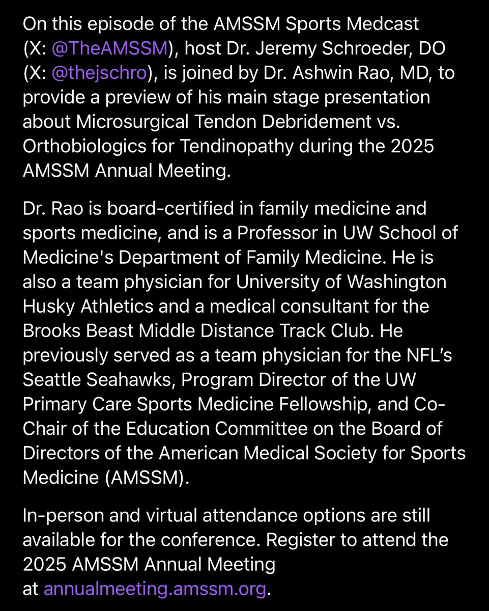 New <a href="/TheAMSSM/">AMSSM</a> podcast drop! <a href="/badash13/">Ashwin Rao</a> talks about orthobiologics and Tenex for tendinopathy as a warmup for his presentation at AMSSM 2025! Available on your preferred listening platform and enjoyable at 1.5 or faster speed!