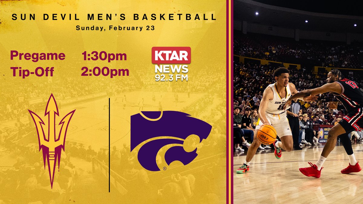 Sun Devil Radio Network (@sundevilpbp) on Twitter photo A Sunday matinee on tap for <a href="/SunDevilHoops/">Sun Devil MBB</a> as they travel to the "Little Apple" to play Kansas State.
Join the Voice of the Sun Devils, <a href="/TimHealeyASU/">Tim Healey</a>, alongside <a href="/K_Dodd3/">Kyle Dodd (KD)</a> for pregame coverage at 1:30 pm, followed by tip-off at 2:00 pm on <a href="/KTAR923/">KTAR News 92.3</a>.
#ForksUp #O2V A Sunday matinee on tap for <a href="/SunDevilHoops/">Sun Devil MBB</a> as they travel to the "Little Apple" to play Kansas State.
Join the Voice of the Sun Devils, <a href="/TimHealeyASU/">Tim Healey</a>, alongside <a href="/K_Dodd3/">Kyle Dodd (KD)</a> for pregame coverage at 1:30 pm, followed by tip-off at 2:00 pm on <a href="/KTAR923/">KTAR News 92.3</a>.
#ForksUp #O2V