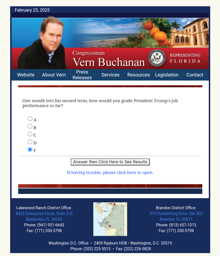 indivisible_brd's tweet photo. Voters in Rep. @VernBuchanan's heavily GOP-leaning district #CD16 in Florida's Manatee &amp; Hillsborough Counties are NOT happy with what they see from Trump 2.0 https://t.co/eoRgzMQTH4