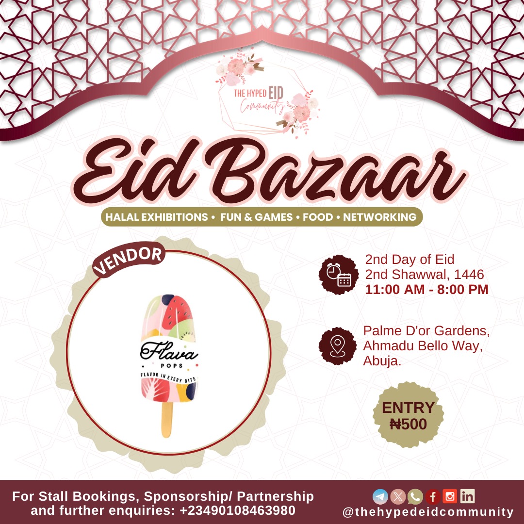 HypedEid's tweet image. @flava_ng will be bringing their variety of popsicle flavors and Greek Yoghurt to #TheHECEidBazaar 🎉

Join us for Abuja&apos;s Biggest Eid Eid celebration!

#EidCelebration #EidBazaar #AbujaEvents #CommunityVibes #eid2025 #EidInAbuja #HalalFun #HypedEidFamily #HypedEidCommunity…