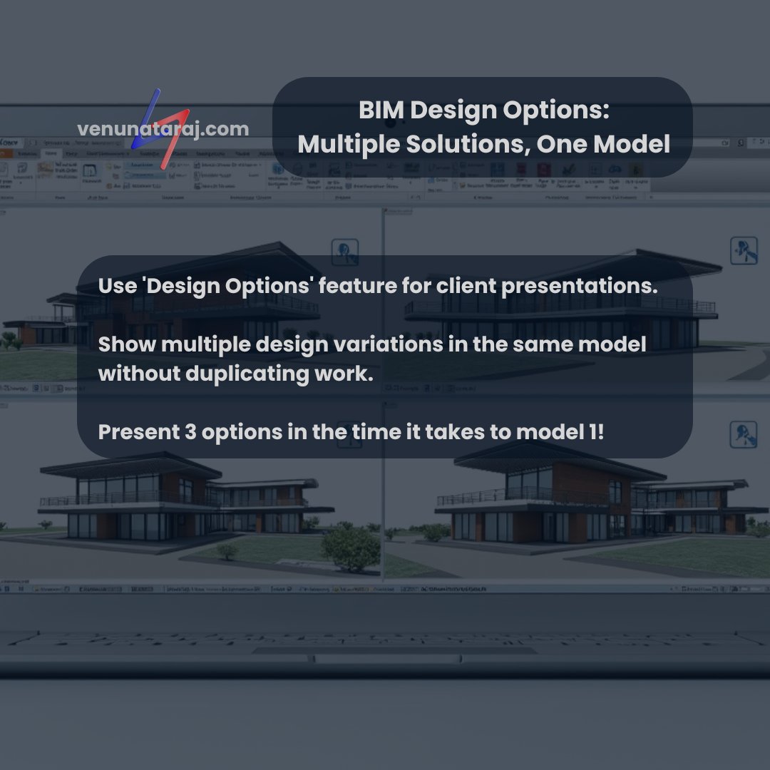 venunataraj's tweet image. ⚡️ BIM Quick Win:

Use &apos;Design Options&apos; feature for client presentations.

Show multiple design variations in the same model without duplicating work.

Present 3 options in the time it takes to model 1! 👇

#BIMTips #RevitHacks #designoptions #venunataraj #ClientPresentation