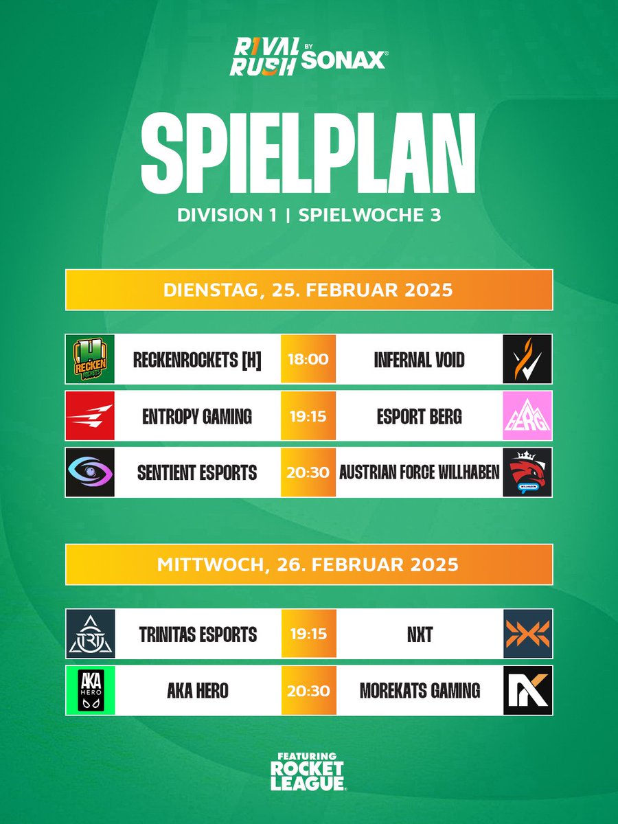 Rival Rush (@rivalrushrl) on Twitter photo Ab geht's in Runde 3 😼
Dienstag, 25. Februar ⬇️
18:00 <a href="/reckenrockets_h/">DIE RECKEN</a> vs <a href="/InfernalVoid_IV/">Infernal Void</a>
19:15 <a href="/EntropyGaming/">Entropy</a> vs <a href="/esportBERG/">BERG</a>
20:30 <a href="/SentientEsport/">Sentient Esports</a> vs <a href="/AustrianForce/">Austrian Force willhaben</a> #willhaben
Donnerstag, 26. Februar ⬇️
19:15 <a href="/TrinitasEsports/">Trinitas Esports</a> vs <a href="/GONXTGG/">NXT</a>
20:30 <a href="/AKAHEROESPORT/">AKA HERO</a> vs <a href="/Morekats/">Morekats Gaming</a> Ab geht's in Runde 3 😼
Dienstag, 25. Februar ⬇️
18:00 <a href="/reckenrockets_h/">DIE RECKEN</a> vs <a href="/InfernalVoid_IV/">Infernal Void</a>
19:15 <a href="/EntropyGaming/">Entropy</a> vs <a href="/esportBERG/">BERG</a>
20:30 <a href="/SentientEsport/">Sentient Esports</a> vs <a href="/AustrianForce/">Austrian Force willhaben</a> #willhaben
Donnerstag, 26. Februar ⬇️
19:15 <a href="/TrinitasEsports/">Trinitas Esports</a> vs <a href="/GONXTGG/">NXT</a>
20:30 <a href="/AKAHEROESPORT/">AKA HERO</a> vs <a href="/Morekats/">Morekats Gaming</a>