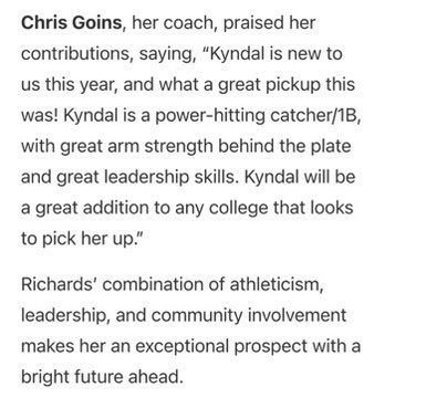 Kyndal Richards (@richardskyndal) on Twitter photo Thank you so much <a href="/ExtraInningSB/">EXTRA INNING SOFTBALL</a> for this recognition on the Top 100 list! Im SO thankful for all my opportunities and I couldn’t do it without my family and my teams! They are a huge part of my journey and shape me to the player I am today! Also a HUGE thank you to <a href="/GatorsGoins/">Indiana Gators - Goins</a>! Thank you so much <a href="/ExtraInningSB/">EXTRA INNING SOFTBALL</a> for this recognition on the Top 100 list! Im SO thankful for all my opportunities and I couldn’t do it without my family and my teams! They are a huge part of my journey and shape me to the player I am today! Also a HUGE thank you to <a href="/GatorsGoins/">Indiana Gators - Goins</a>!
