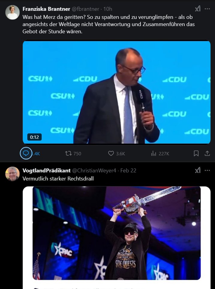 Wenn Twitter selbst die Antwort liefert. #Merz als machttrunkener Hassprediger, der er halt ist. Eine Art deutsche Peinlichkeitsvariante von Musk und Trump. #Bundestagswahl2025