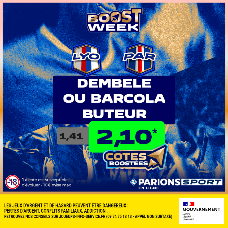 ParionsSport's tweet photo. 🚨 ALERTE #BOOSTWEEK ! 

l'OL reçoit le PSG de Dembélé et Barcola ce soir ! 
Nouvelle occasion pour les 2 de faire trembler les filets ?