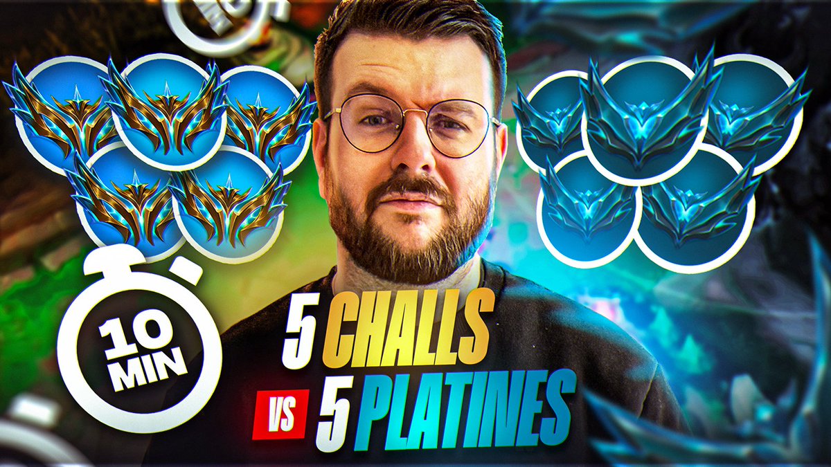 Nouvelle vidéo de fou !   

5 challengers qui rentrent au bout de 10 minutes contre 5 platines, c'est un des concepts les plus masterclass !   Vous allez vous régaler ! Avec <a href="/Light_lol1/">Light</a>, <a href="/Arkfly_/">Arkfly</a> , <a href="/lawkusan/">Usan</a>, <a href="/Goldenpennylol/">Goldenpenny</a> &amp; <a href="/Veignorem_lol/">Veignorem</a> !

Lien en dessous ⬇️