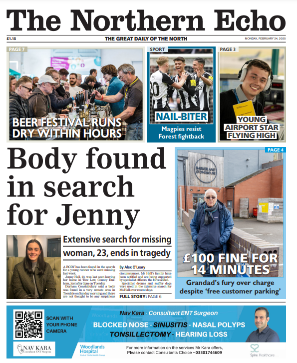 Nick Gullon (@echonickg) on Twitter photo Monday's <a href="/TheNorthernEcho/">The Northern Echo</a> 🗞️
👮Tragic ending as body found in search for missing County Durham woman
🚗How a 14 minute stay in free car park left grandad with £100 fine
🍻Darlington beer festival runs dry within hours
✈️Teesside Airport star flying high
✍️<a href="/alexoljourno/">Alex O'Leary</a> Monday's <a href="/TheNorthernEcho/">The Northern Echo</a> 🗞️
👮Tragic ending as body found in search for missing County Durham woman
🚗How a 14 minute stay in free car park left grandad with £100 fine
🍻Darlington beer festival runs dry within hours
✈️Teesside Airport star flying high
✍️<a href="/alexoljourno/">Alex O'Leary</a>