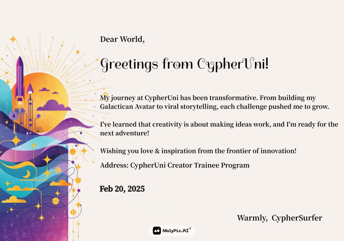 CypherTerminus's tweet photo. So grateful for the #CypherUni community! 💖
Graduated as a #CreatorTrainee and couldn't have done it without the amazing support and inspiration.
Excited for what's next! Join the tribe: https://t.co/D1ABFGD4Bp #CreatorPostcard https://t.co/z31P5UwcDZ