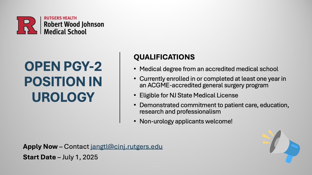 Rutgers RWJ Urology (@rwjurology) on Twitter photo Rutgers RWJ Urology has a PGY-2 opening! Opportunity to train at top program with amazing culture, faculty/mentorship, diverse clinical sites, exceptional clinical volume & research opportunities #UroSoMe <a href="/APDSurgery/">APDS surgery</a> <a href="/NYSAUA/">New York Section AUA</a> <a href="/AmerUrological/">Amer. Urol. Assn.</a> <a href="/UroAcademic/">Society of Academic Urologists</a> <a href="/Uro_Res/">The Urology Applicant ⚕</a> <a href="/UroResidency/">UroResidency</a> Rutgers RWJ Urology has a PGY-2 opening! Opportunity to train at top program with amazing culture, faculty/mentorship, diverse clinical sites, exceptional clinical volume & research opportunities #UroSoMe <a href="/APDSurgery/">APDS surgery</a> <a href="/NYSAUA/">New York Section AUA</a> <a href="/AmerUrological/">Amer. Urol. Assn.</a> <a href="/UroAcademic/">Society of Academic Urologists</a> <a href="/Uro_Res/">The Urology Applicant ⚕</a> <a href="/UroResidency/">UroResidency</a>