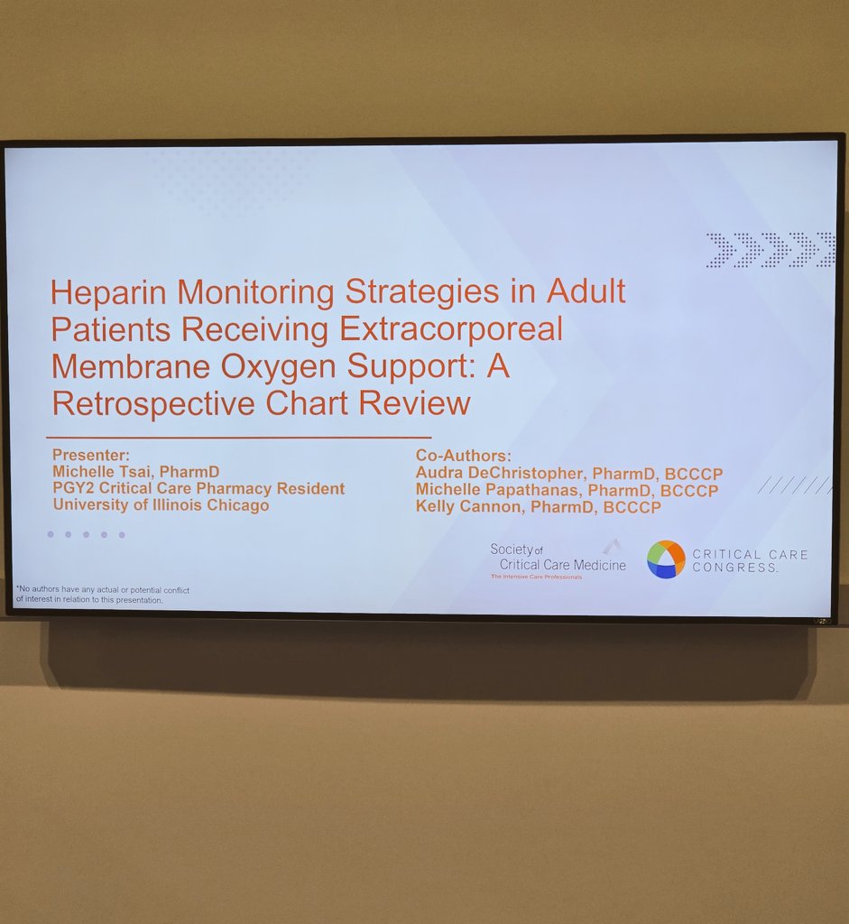 UIC PGY2 Critical Care Pharmacy Residency (@uiccritcarerx) on Twitter photo Dr. Michelle Tsai (PGY2 2024-25) presents her research at the <a href="/SCCM/">SCCM</a> Annual Congress!
"Heparin monitoring strategies in patients receiving ECMO: a retrospective chart review."
<a href="/UICPhPr/">UIC Dept Pharmacy Practice</a> <a href="/UICPharm/">UIC Retzky College of Pharmacy</a> #SCCM2025 #PharmICU #ECMO Dr. Michelle Tsai (PGY2 2024-25) presents her research at the <a href="/SCCM/">SCCM</a> Annual Congress!
"Heparin monitoring strategies in patients receiving ECMO: a retrospective chart review."
<a href="/UICPhPr/">UIC Dept Pharmacy Practice</a> <a href="/UICPharm/">UIC Retzky College of Pharmacy</a> #SCCM2025 #PharmICU #ECMO