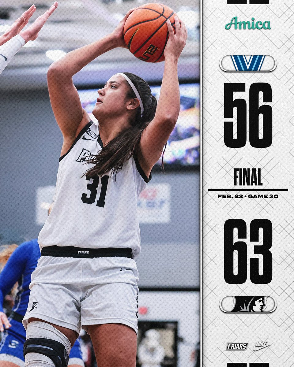 FRIARS WIN!!!
Providence 63, Villanova 56

Olivia Olsen (18pts/12reb) records her 10th double-double of the season and 26th of her career

Brynn Farrell finishes with 17 points, 8 assists and 7 rebounds

Emily Archibald adds 12 points and 5 rebounds