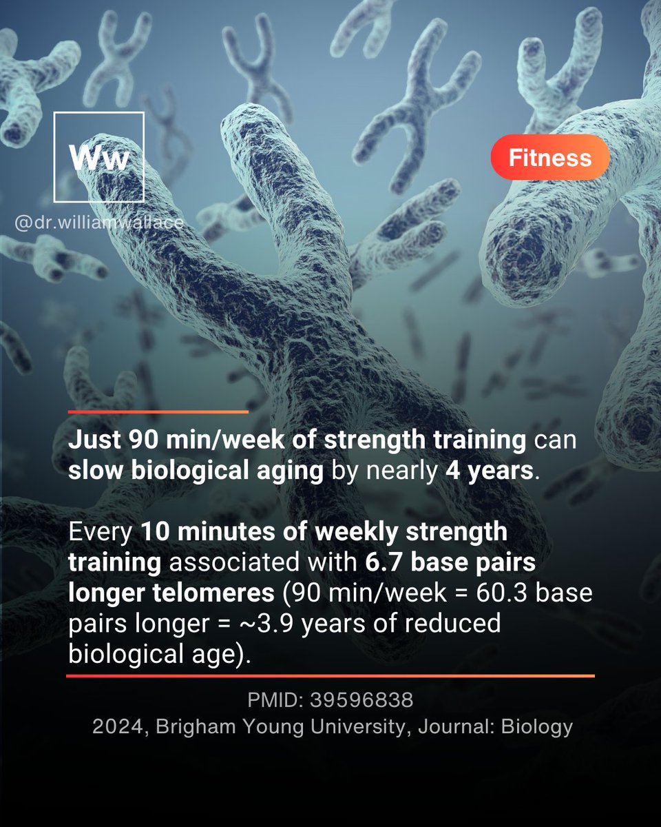 Recent research (PMID: 39596838) published in Biology showed a significant association between regular strength training and reduced biological aging in adults (as measured by leukocyte telomere length - see below for limitations). The study, involving a nationally representative