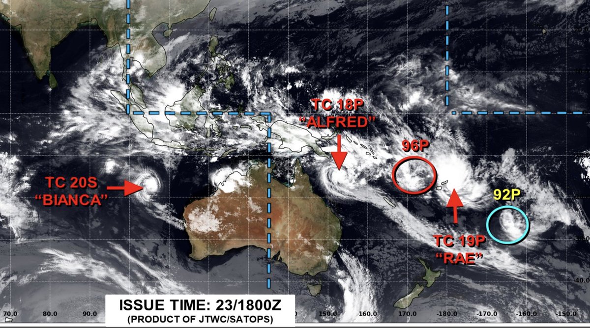 WeatherWatchNZ's tweet photo. π¨3 named Tropical Cyclones this morning and a fourth potential one may be named today too.
π#CycloneRae
π#CycloneAlfred
π#CycloneBianca https://t.co/SAUROXaiPK