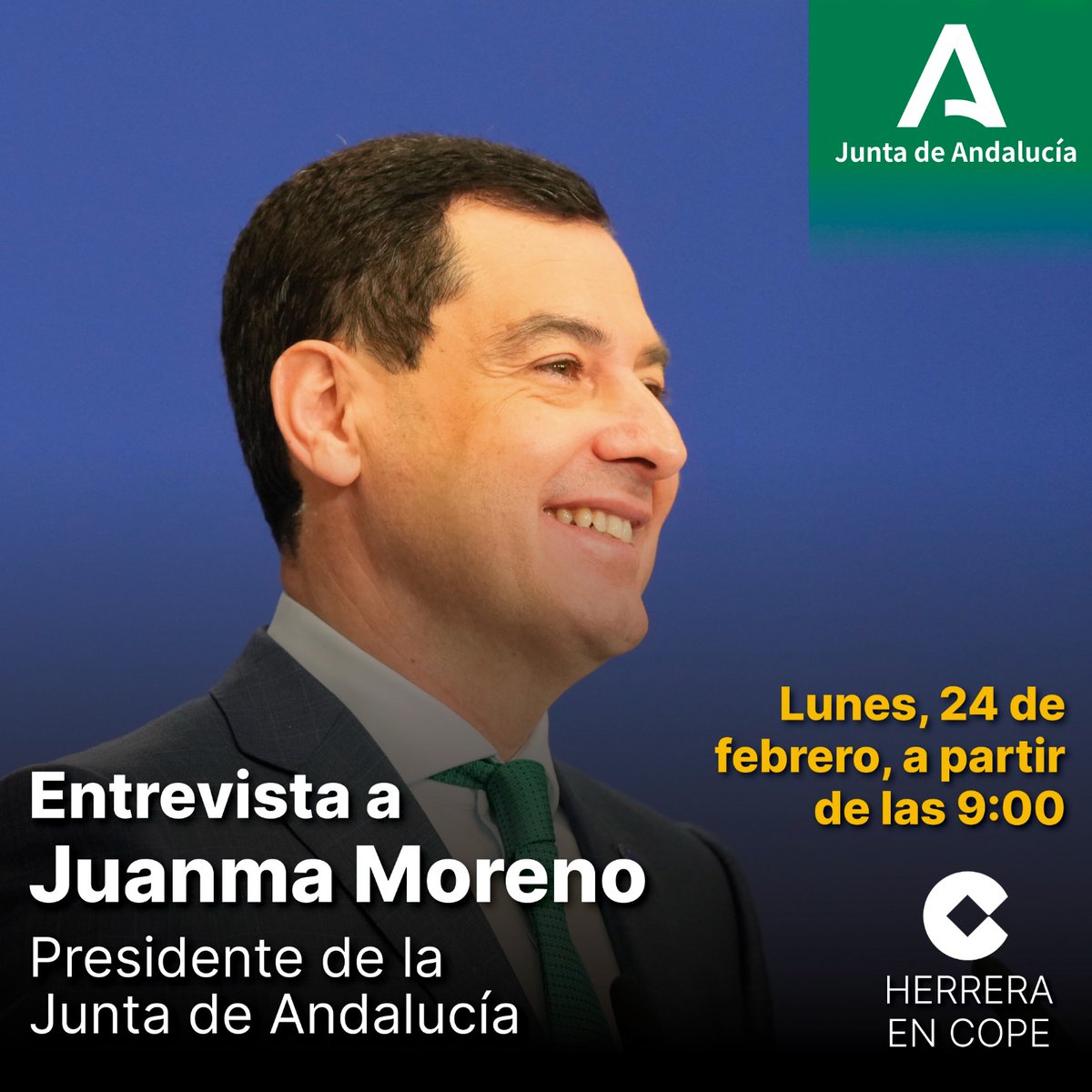 📡📻 El presidente de la Junta de Andalucía, <a href="/JuanMa_Moreno/">Juanma Moreno</a>, será entrevistado mañana en el programa <a href="/HerreraenCOPE/">Herrera en COPE</a>.

📅 Lunes, 24 de febrero.
🎙 A partir de las 09:00h.