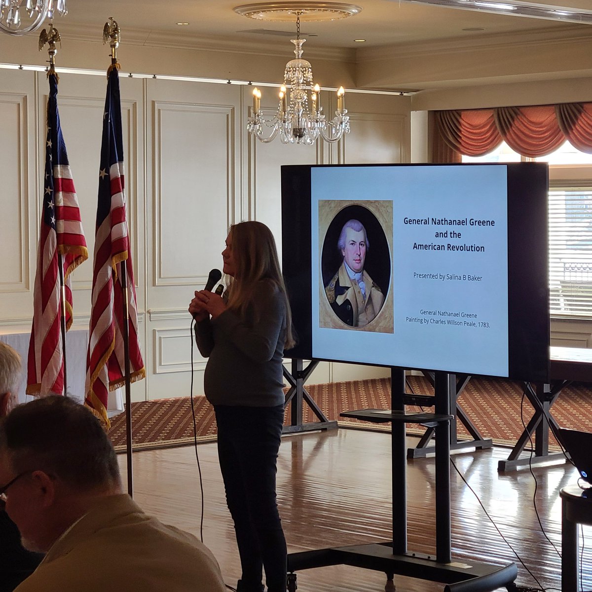 SalinaBBaker's tweet image. Me beginning my presentation about General Nathanael Greene yesterday for the Western Reserve Society of the Sons of the American Revolution at Shaker Heights Country Club in Shaker Heights,  Ohio to celebrate George Washington's 293rd birthday.
