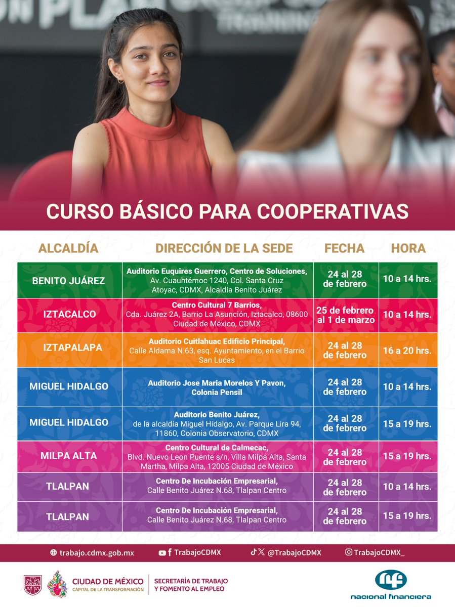 Trabajo CDMX (@trabajocdmx) on Twitter photo 📢¡Capacítate y fortalece tu cooperativa!
Asiste al Curso Básico para Cooperativas impartido por
<a href="/NafinOficial/">Nacional Financiera</a>. Consulta las sedes y forma parte de la Economía Solidaria. 🤝✨
✅Informes:
☎ 5557093233 exts.: 3015, 3016, 3018 y 3070
#UtopíaLaboral #CapitalDeLaTransformación 📢¡Capacítate y fortalece tu cooperativa!
Asiste al Curso Básico para Cooperativas impartido por
<a href="/NafinOficial/">Nacional Financiera</a>. Consulta las sedes y forma parte de la Economía Solidaria. 🤝✨
✅Informes:
☎ 5557093233 exts.: 3015, 3016, 3018 y 3070
#UtopíaLaboral #CapitalDeLaTransformación