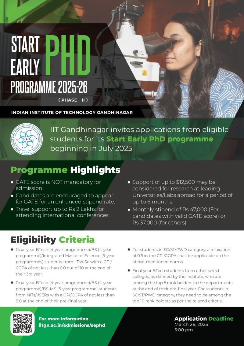 Applications are invited for the 𝗦𝘁𝗮𝗿𝘁 𝗘𝗮𝗿𝗹𝘆 𝗣𝗵𝗗 𝗽𝗿𝗼𝗴𝗿𝗮𝗺 for Semester 1, 2025-26.

☑️Check out the program details and eligibility criteria in the Indian Institute of Technology Gandhinagar admissions page 👉 : lnkd.in/dGdvNBek