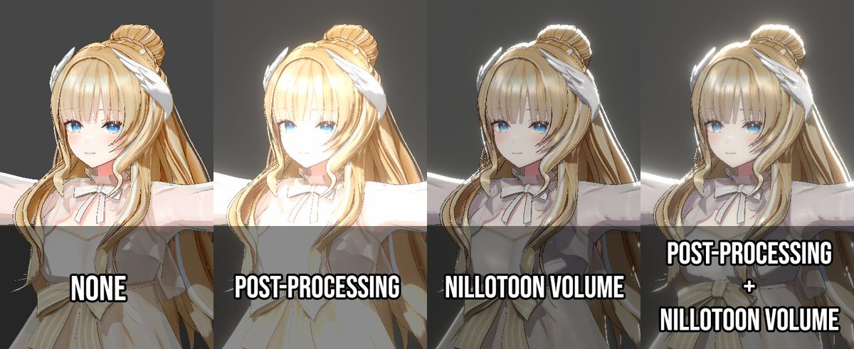 닐로툰 쉐이더의 기본적인 세팅에 대한 글_

기본적으로 닐로툰과 다른 툰쉐이더의 차이점은 
닐로툰 볼륨이라는 고유 포스트 프로세싱의 유무에 있어요.

포스트프로세싱이란건 모든 쉐이더에 사용할 수 있고
와루도 내부에서도 직접 설정이 가능한
모델 때깔을 높여주는 후처리 보정효과고,
닐로툰