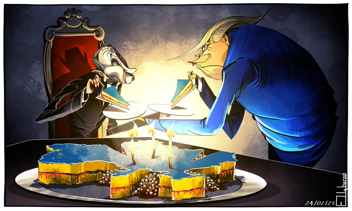 EBaronCartoons's tweet photo. Monday's Guardian cartoon on the third anniversary of Russiaโs invasion of #Ukraine #Trump #Zelensky #Putin
https://t.co/PtSQyuG1Iv https://t.co/LPnI5d9Lvc