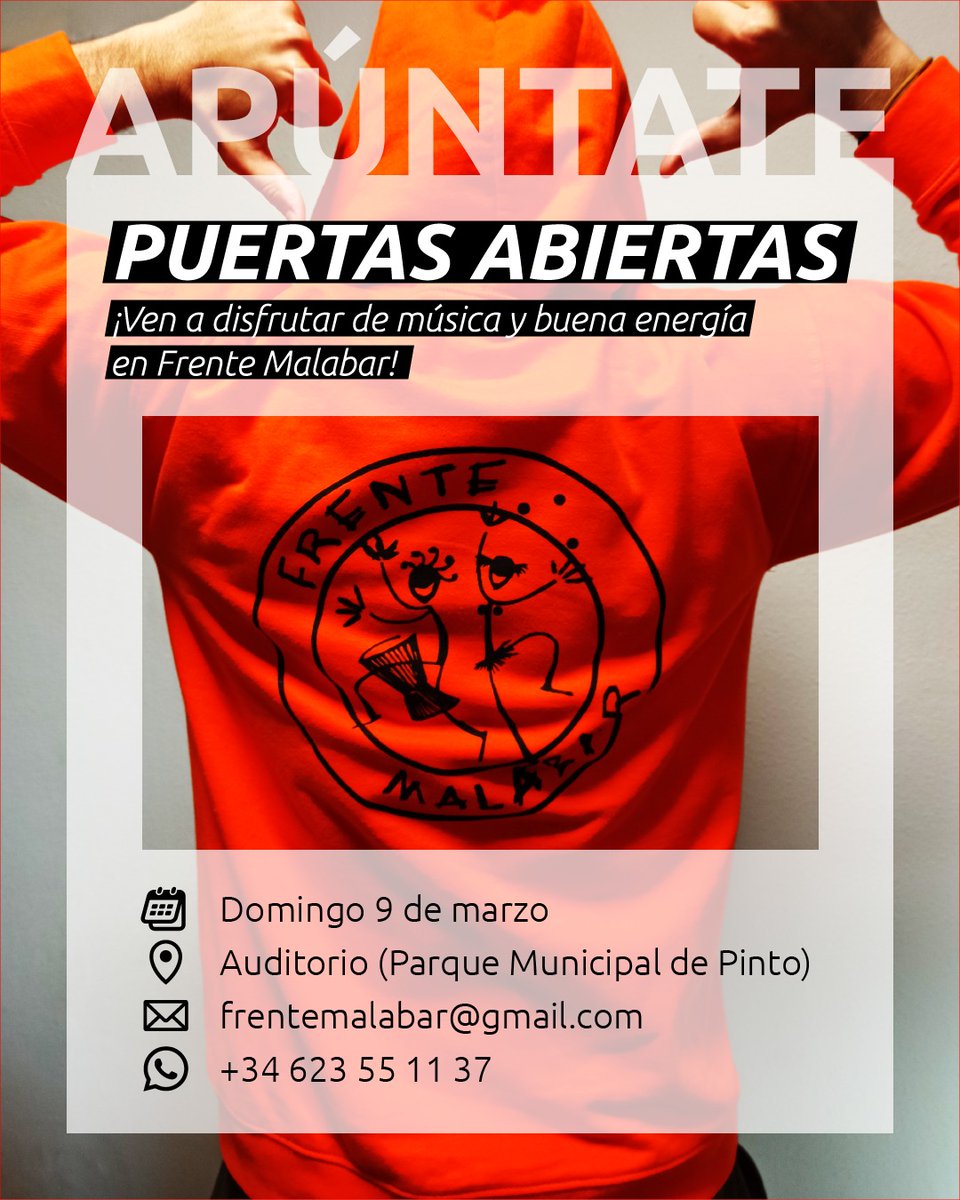 ¿Quieres tocar en una batucada? 🪘🥁
¡Es tu oportunidad! 
Reserva tu plaza en frentemalabar@gmail.com o al 623551137. Será el domingo 9 de marzo a las 17h en el auditorio del Parque Municipal de Pinto. 📝

No necesitas experiencia ni instrumento 🥳😁

¡Te esperamos!