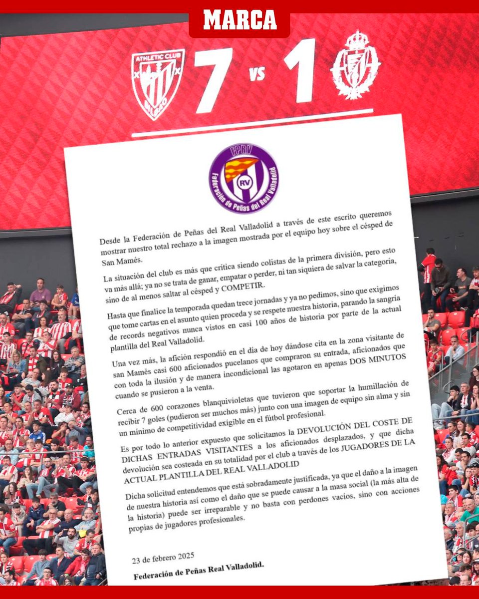 marca's tweet photo. 🔥 Los ánimos están muy crispados en Pucela y la afición está harta

🚨💜 La Federación de Peñas del Real Valladolid pide públicamente que los jugadores devuelvan a los aficionados desplazados a San Mamés el importe de las entradas tras la tremenda goleada sufrida https://t.co/WttXAukZBh
