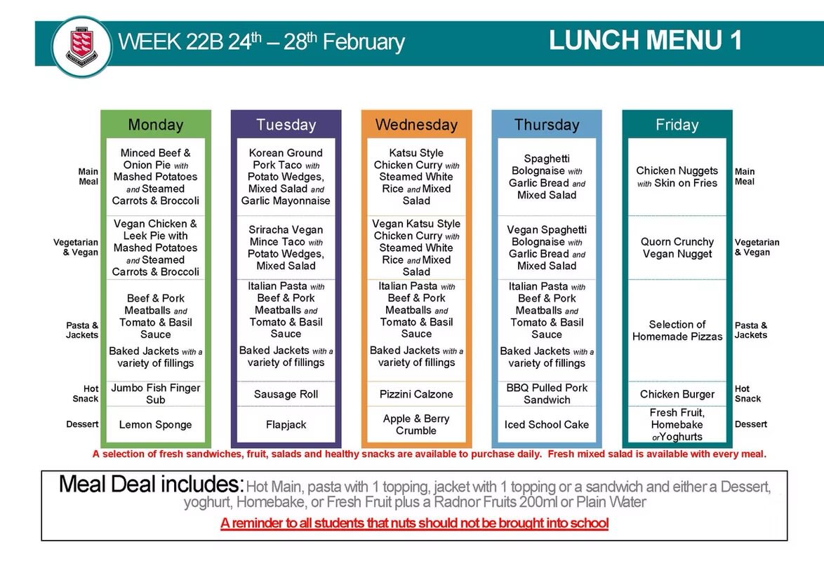 Lunch menu <a href="/PenistoneGS/">Penistone Grammar School</a> for week commencing Monday 24th February 😋