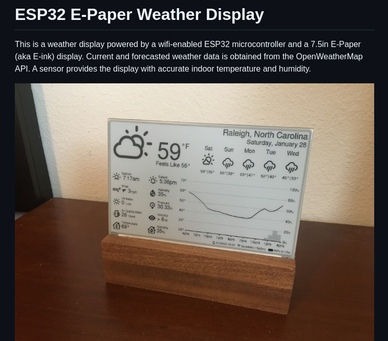 tom_doerr's tweet photo. ESP32 weather display using e-paper and OpenWeatherMap API https://t.co/HwvRt0TFfc