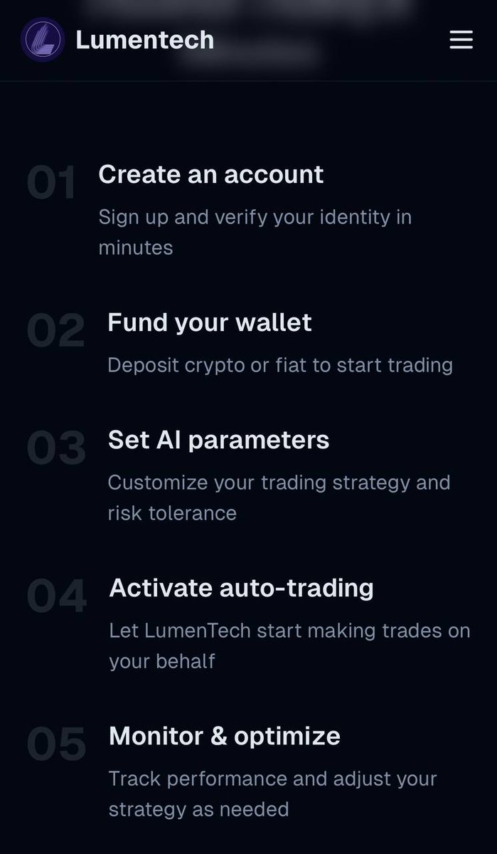 LumenTech's tweet image. Ready to start your journey with AI-powered trading?

Follow these 5 simple steps with Lumen Tech

#Lumentech #AITradingBot #CryptoAutomation