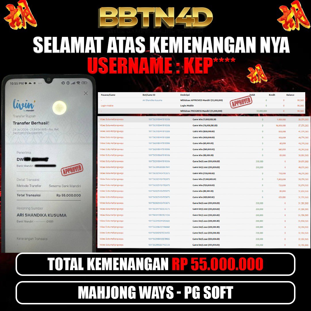 👑 Selamat Untuk Member BBTN4D

👤 USER ID : KEP****

🔥 Win MAHJONG WAYS (Rp 58,000,000)
🔥 TOTAL WD : Rp 55,000,000
✅ DAFTAR DI BBTN4D AMAN DAN TERPERCAYA
✅ TERIMA DEPO VIA PULSA, BANK, E-WALLET DAN QRIS

💰 MIN DEPO Rp 10,000

📌 LINK : mssg.me/bbtn4d