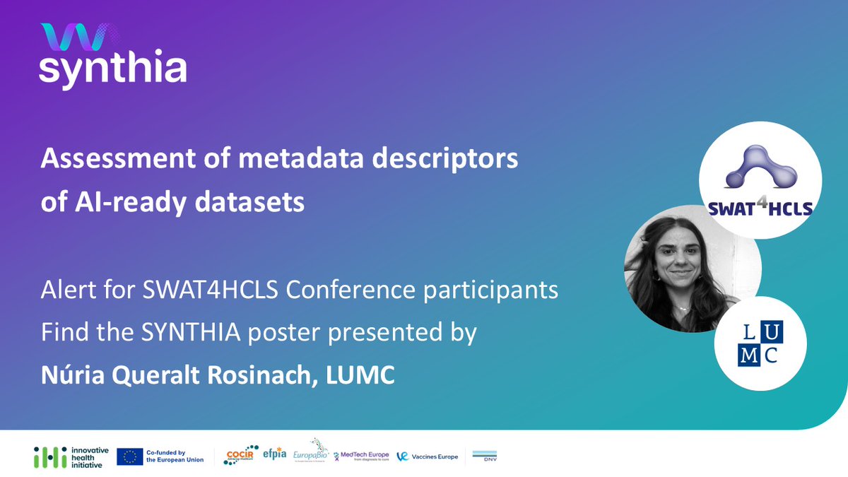 SYNTHIA (@ihi_synthia) on Twitter photo Attention, everyone at #SWAT4HCLS in Barcelona, Spain! Our partner, NĂşria Queralt Rosinach <a href="/nqueralt/">NĂşria Queralt Rosinach</a> from Leiden University Medical Center (LUMC), will showcase the accepted SYNHTIA abstract as a poster, titled: Assessment of metadata descriptors of AI-ready datasets.
<a href="/SWAT4HCLS/">Semantic Web</a> Attention, everyone at #SWAT4HCLS in Barcelona, Spain! Our partner, NĂşria Queralt Rosinach <a href="/nqueralt/">NĂşria Queralt Rosinach</a> from Leiden University Medical Center (LUMC), will showcase the accepted SYNHTIA abstract as a poster, titled: Assessment of metadata descriptors of AI-ready datasets.
<a href="/SWAT4HCLS/">Semantic Web</a>
