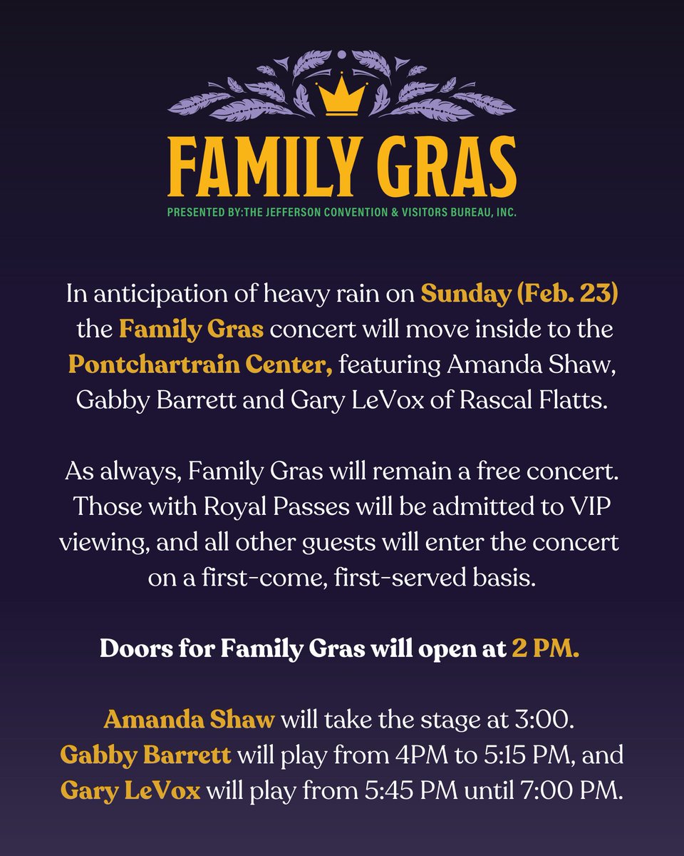 Excited to get the chance to host the final day of Family Gras!  Bag checks and metal detectors will be in effect at the door.  Visit our website for a list of prohibited items.  Happy Family Gras!