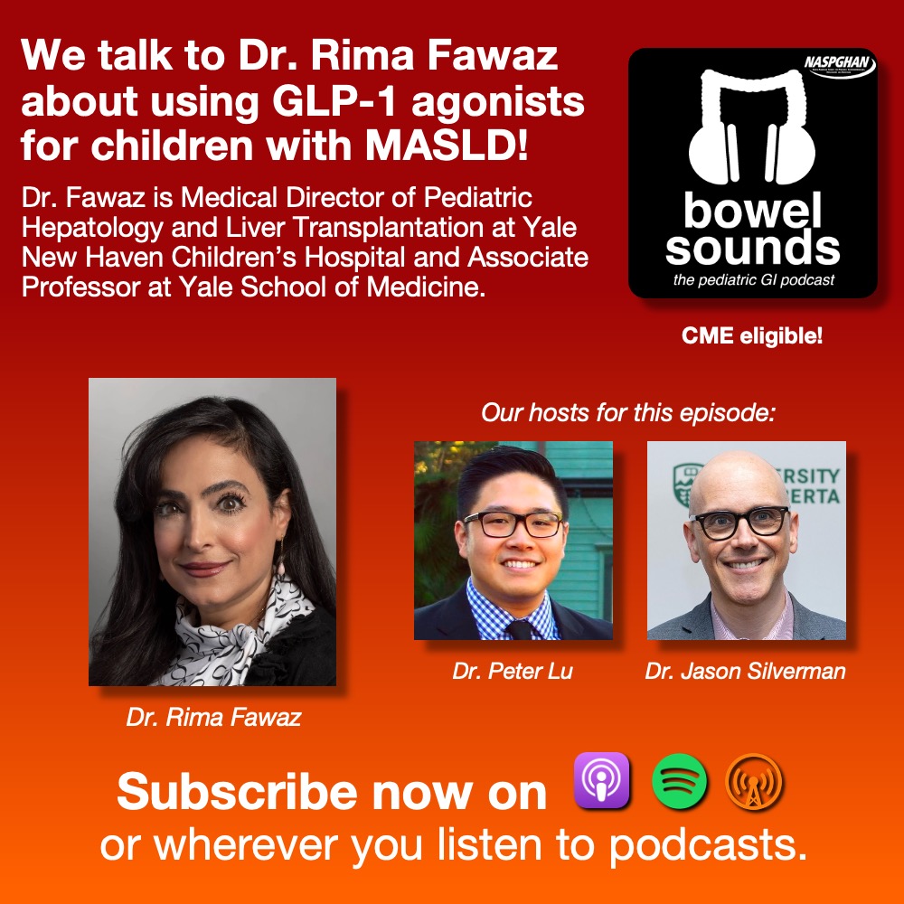 In today's new episode, hosts <a href="/PLLU/">Peter L. Lu, MD, MS</a> &amp; <a href="/DrJSilverman/">Jason Silverman</a> talk to Dr. Rima Fawaz from Yale about GLP-1s for children w MASLD! 💉

➡️ What is the current evidence?
➡️ Benefits and adverse effects
➡️ Where should we be positioning GLP-1s?

Listen now! 🎧 
buzzsprout.com/581062/episode…