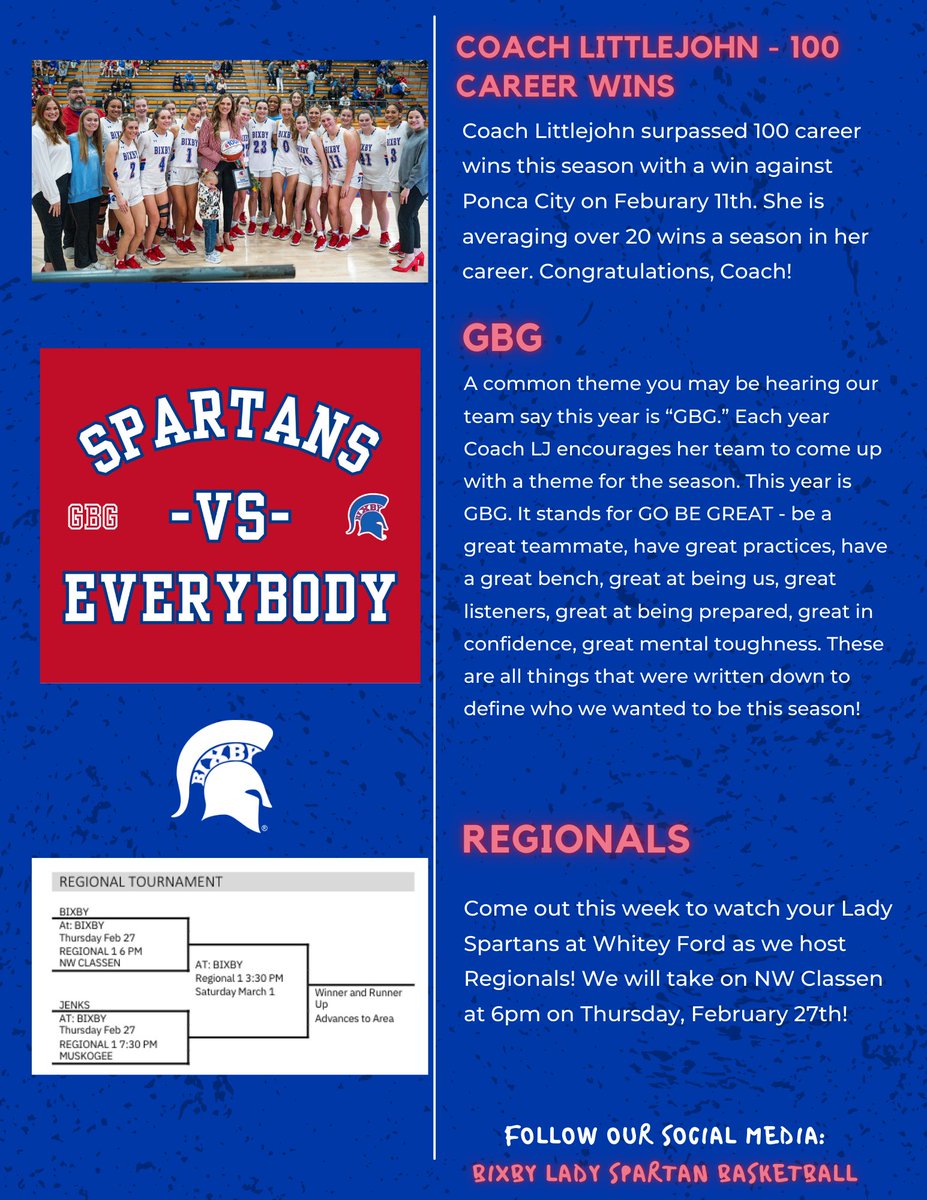 Just like that, regular season concludes and now it’s time for playoffs! Check out our recent newsletter of all things Lady Spartan Basketball!

Thank you for your continued support! Follow us on our journey to 𝗧𝗛𝗘 𝗕𝗜𝗚 𝗛𝗢𝗨𝗦𝗘! ✨💙