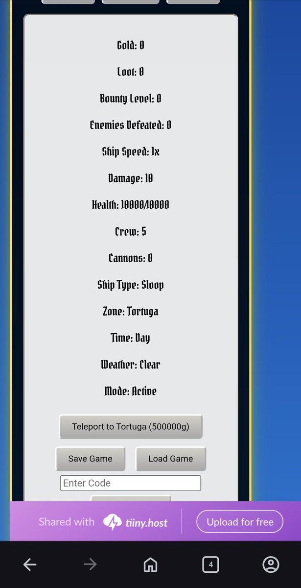 ih8codingstudio's tweet image. ***New Game***
ZeaSeas or SeaQuest
Search through shipwrecks, sell the loot and occasionally come across Sea monsters and NPCs. It was at 2am after I "Finished" i left out "Attack other Ships" so yeah...you only attack if they attack first.
zeaseav1.tiiny.site