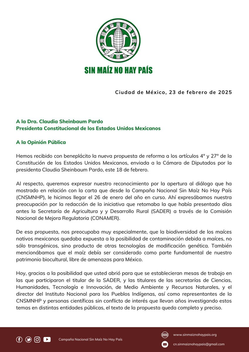 cnsmnhpmx's tweet photo. Sobre la nueva iniciativa de reforma a los artículos 4to y 27 de la Constitución de los Estados Unidos Mexicanos. 🌽

Se discutirá y, en su caso, votará el día lunes 24 de febrero a las 5 pm en la Comisión de Puntos Constitucionales de la Cámara de Diputados. https://t.co/OXaIfUGvL6